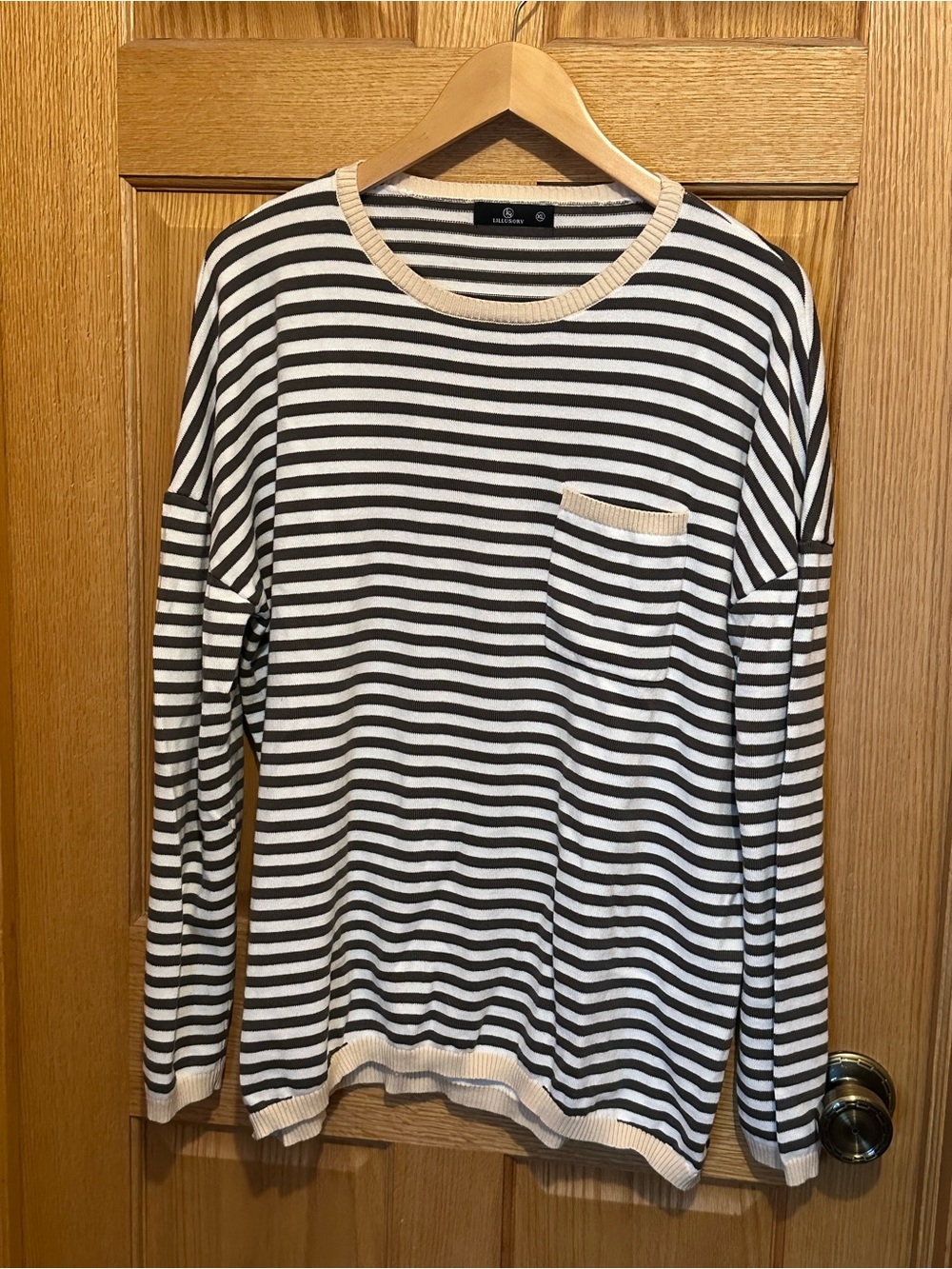 Lillusory Striped Knit Sweater XL Brown White Crewneck Pocket Slouchy Coastal
